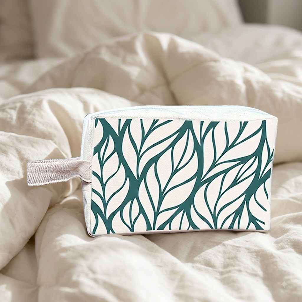 Sea Green Leaves Cosmetic Make Up Pouch