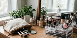 A colorful makeup bag with assorted cosmetics and brushes displayed on a wooden table.